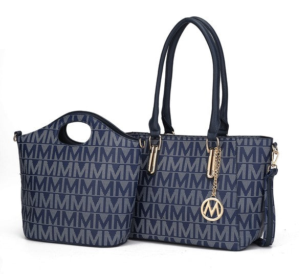 Dunkelblaues Monogramm-Tote-Set mit abnehmbarem Crossbody und goldfarbener Hardware