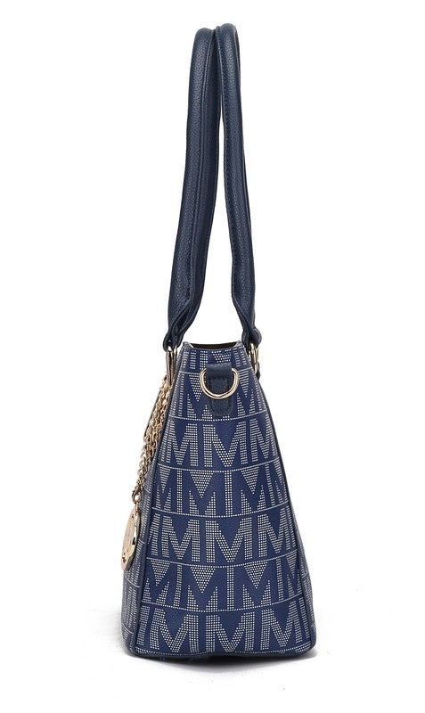 Navy M logo bucket tote with gold-tone ring, twin handles and dangling chain