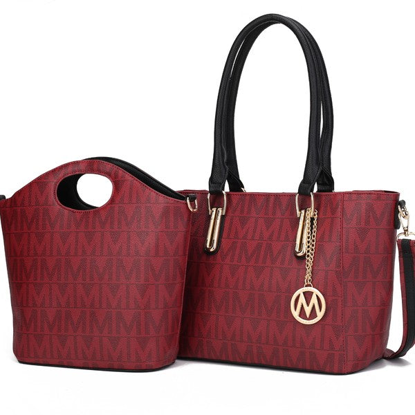 Red tote and mini bucket pouch set with black handles, gold hardware, and logo emblem