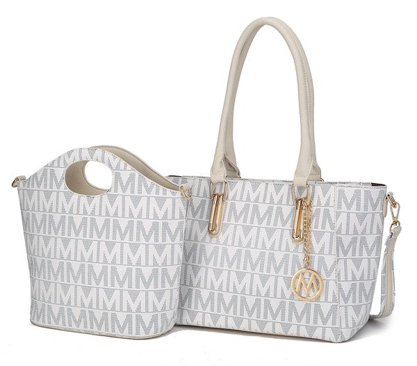 Beiges/cremefarbenes Monogramm-Tote-Set mit beigen Trägern und goldfarbener Verzierung