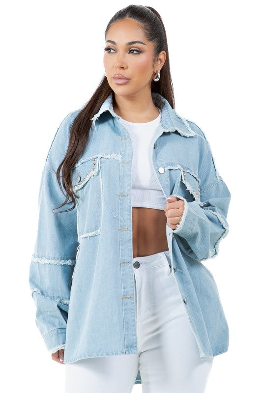 WOMEN FASHION OVERSIZE DENIM SHIRT - Tigbul's Variety Fashion Shop
