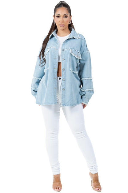 WOMEN FASHION OVERSIZE DENIM SHIRT - Tigbul's Variety Fashion Shop