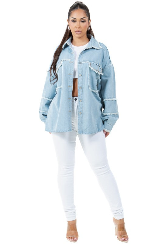 WOMEN FASHION OVERSIZE DENIM SHIRT - Tigbul's Variety Fashion Shop