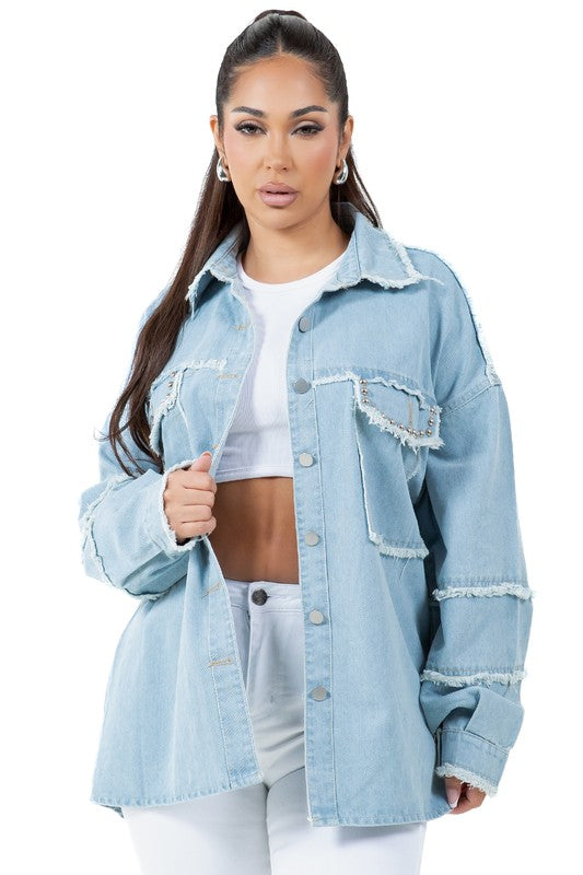 WOMEN FASHION OVERSIZE DENIM SHIRT - Tigbul's Variety Fashion Shop