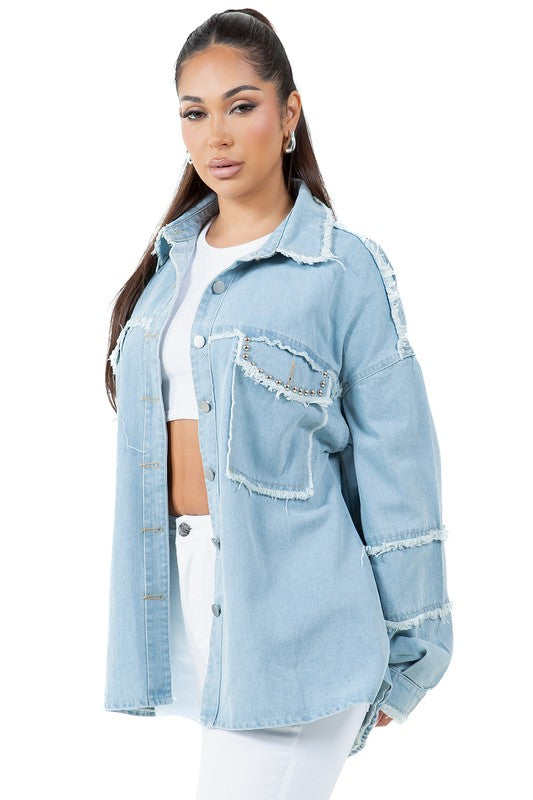 WOMEN FASHION OVERSIZE DENIM SHIRT - Tigbul's Variety Fashion Shop