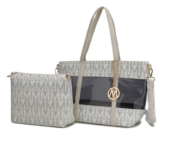 Belinda tote with crossbody, light monogram, clear front panel, gold M charm and tassel