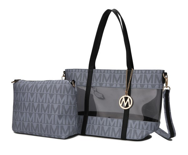 Belinda tote with crossbody, blue-gray monogram, clear panel, gold M charm, slim strap