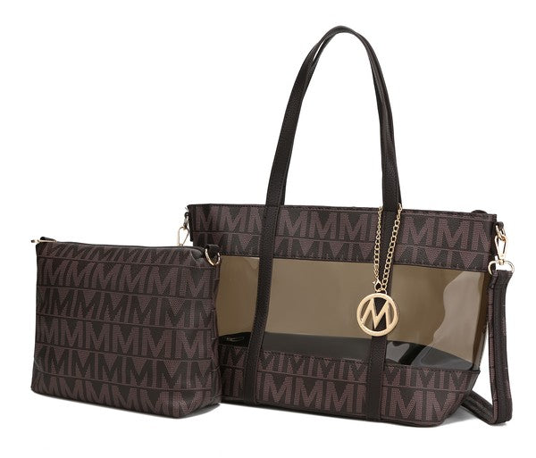 Belinda tote with crossbody, chocolate monogram, clear front panel, gold M charm