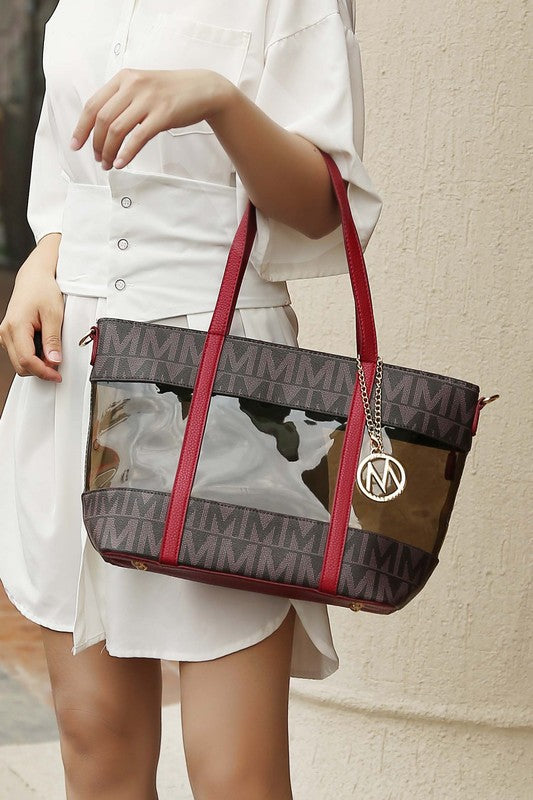 Belinda tote with crossbody, dark monogram, red handles, clear front pocket and charm