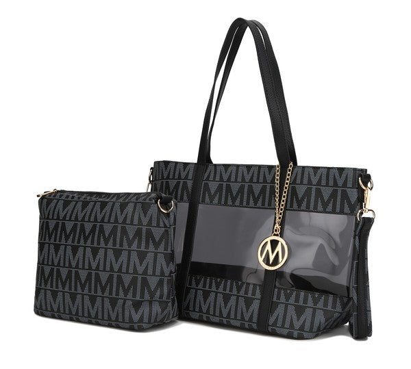 Belinda tote with crossbody, black monogram, clear center panel, gold M charm