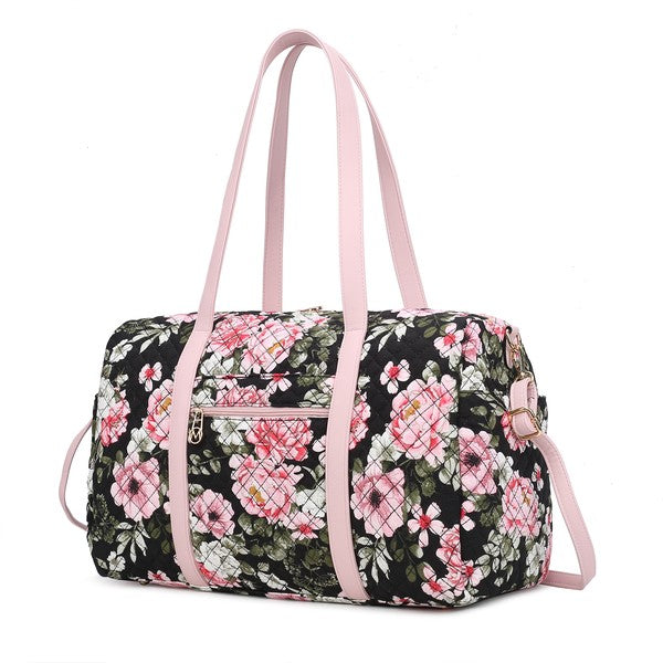 Quilted floral duffle bag, dark background with pink and white flowers, light pink straps