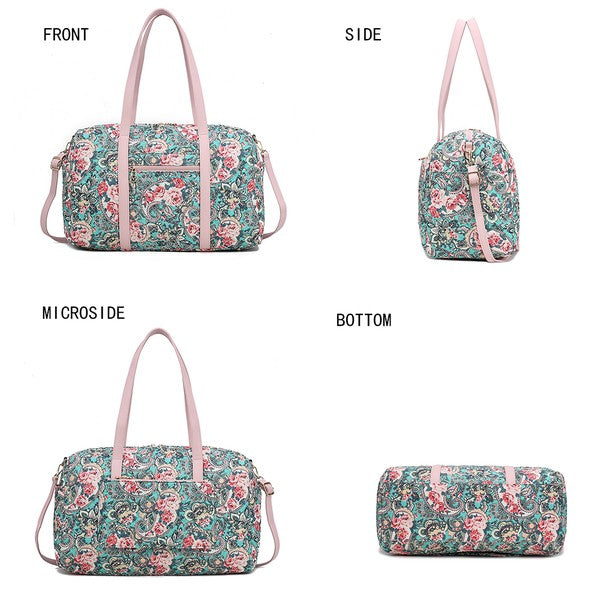 Quilted floral duffle bag: front, side, micro-side, and bottom views with light pink trim