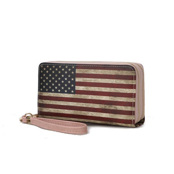 Flag print Uriel wristlet wallet with zip closure and blush pink wrist strap