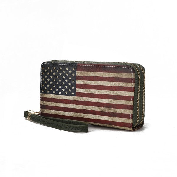 Uriel wristlet wallet with American flag design and zip closure, side angle
