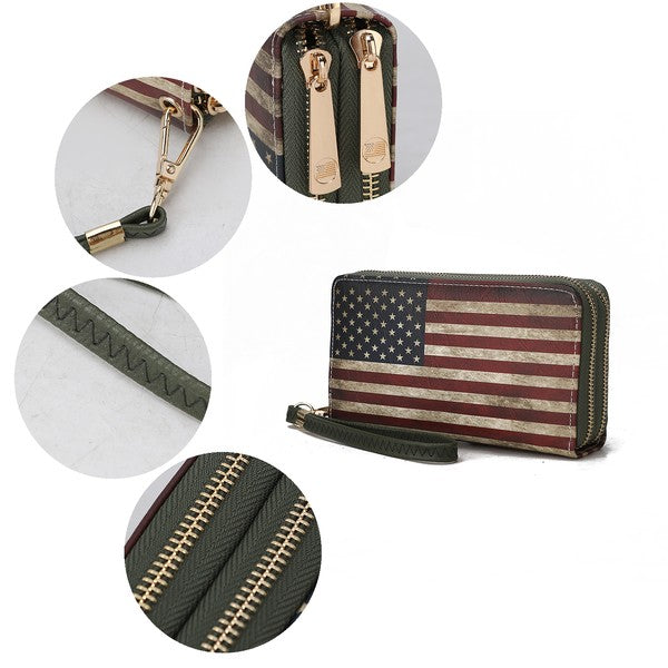 Uriel wristlet wallet details: gold zipper pulls, wrist strap, and interior stitching