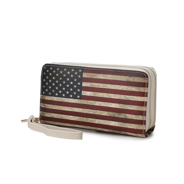 Uriel wristlet wallet in flag print with zip-around closure and light wrist strap