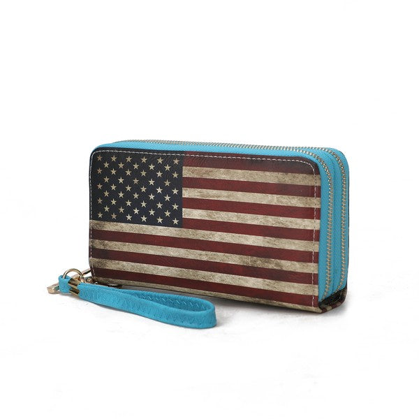 Uriel wristlet wallet with American flag print, zip closure, turquoise wrist strap