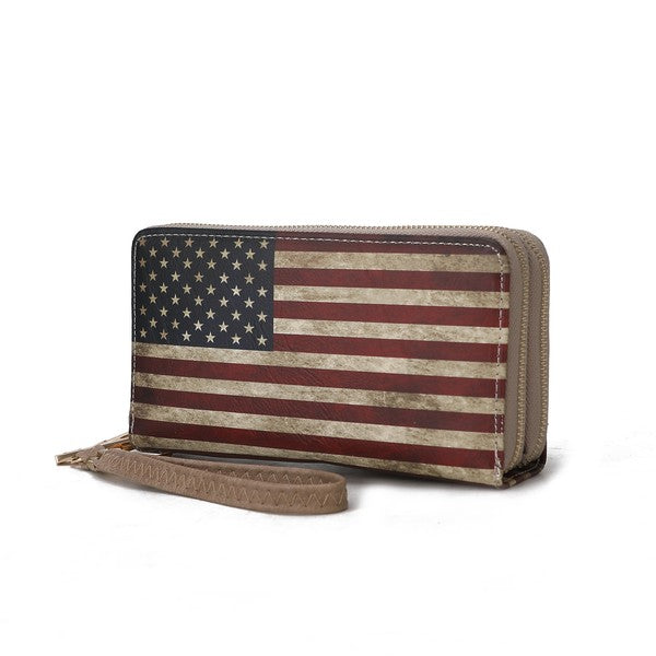 Flag print Uriel wristlet wallet with zip closure and taupe wrist strap