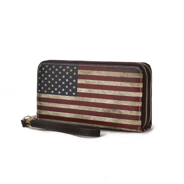 Flag print Uriel wristlet wallet, side view with zip closure and dark wrist strap