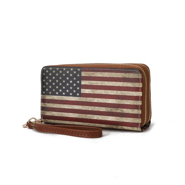 Uriel wristlet wallet with American flag print, zip closure, brown wrist strap