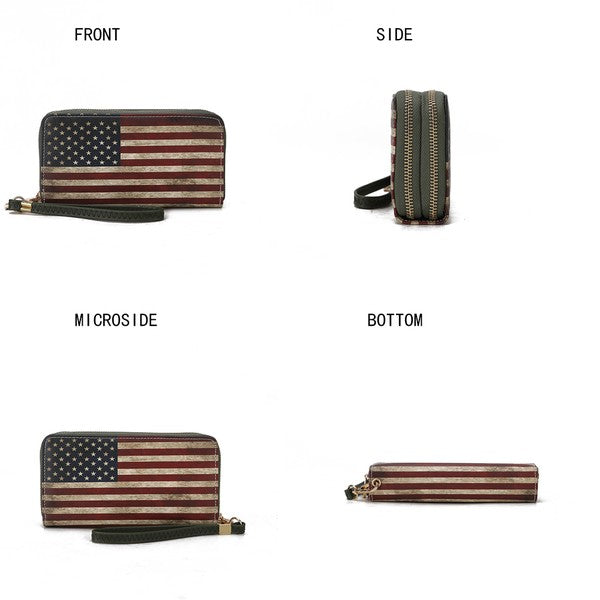 Uriel wristlet wallet product views showing front, side, micro side, and bottom