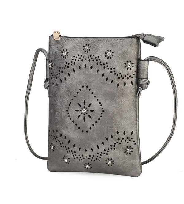 Arlett Crossbody Bag in Grau mit großem Perforationsblüten-Motiv und Nieten