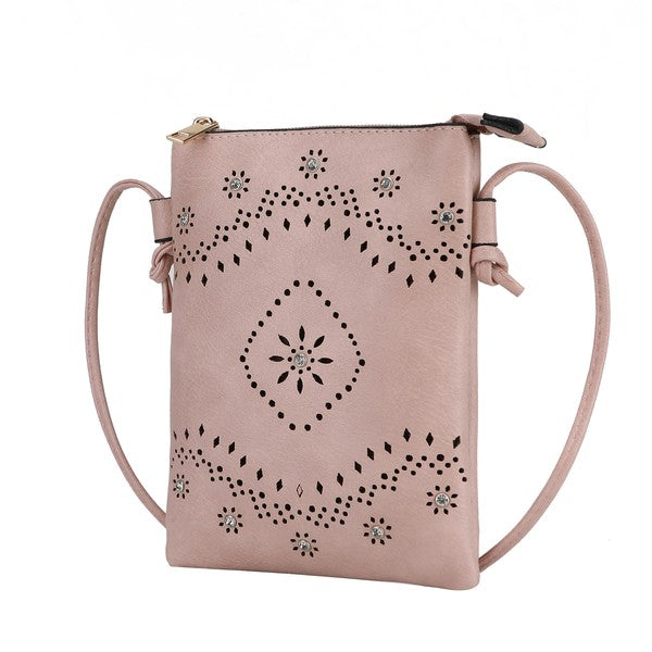 Arlett Crossbody Bag in Rosa mit Perforationsblüten-Motiv und Zierknöpfen