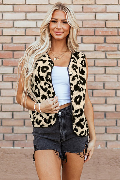 Leopard Print Sherpa Button Front Vest Coat - Tigbul's Variety Fashion Shop