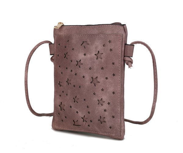 Rose-pink crossbody bag with star pattern, knotted side ties and top zip