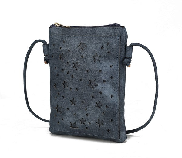 Navy-blue crossbody bag with star print, adjustable strap and top zip