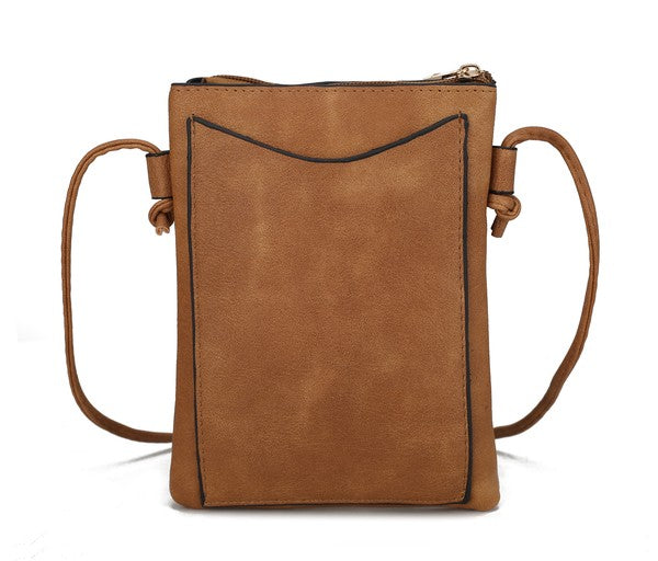 Caramel crossbody bag back view with smooth panel and top zip closure
