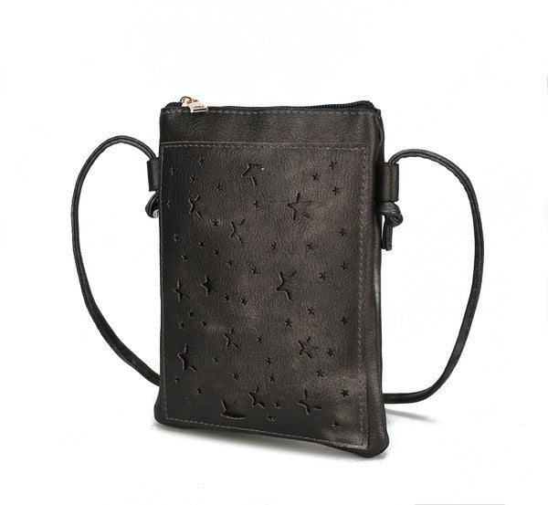 Black crossbody bag with subtle star embossed print and top zip closure