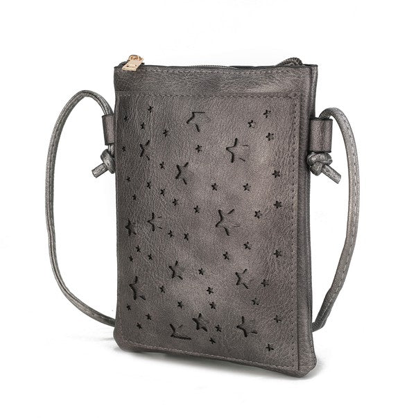 Grey crossbody bag with star pattern, knotted strap detail, top zip