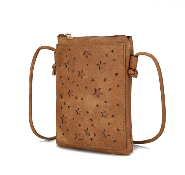 Caramel crossbody bag with all-over star print and top zip, crossbody strap