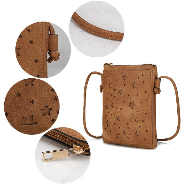 Caramel crossbody bag close-up: star-textured front, side knot strap, gold zipper