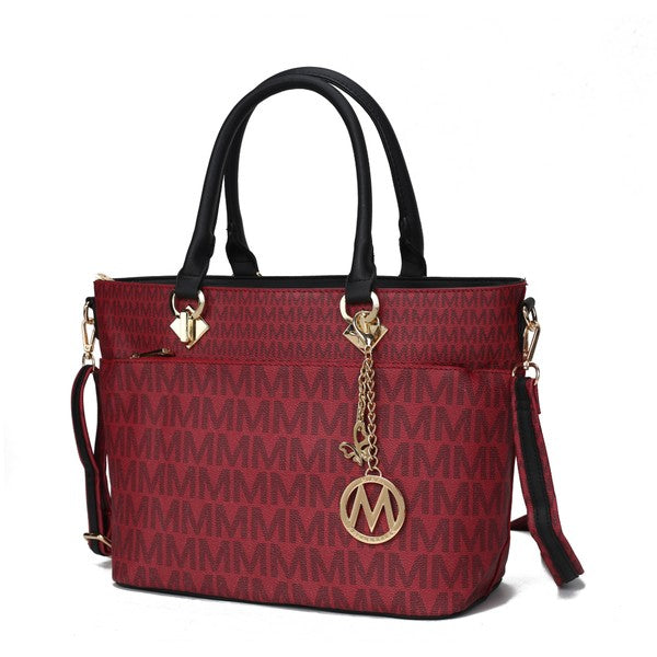 Yonah Signature tote bag in deep red with repeating monogram print and gold logo charm
