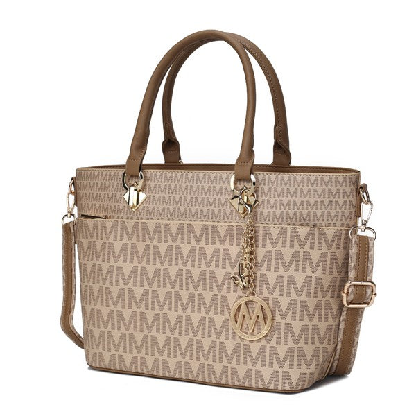 Yonah Signature tote bag in tan/brown with repeating monogram pattern and dual top handles