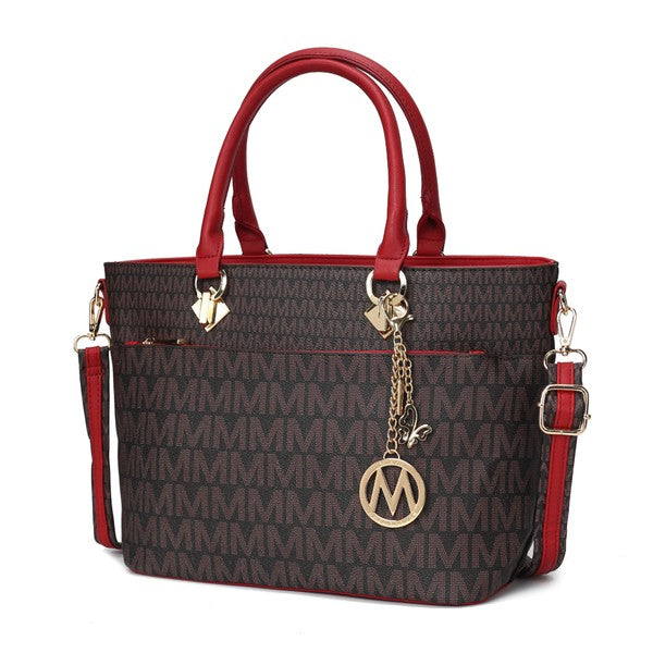 Yonah Signature tote bag in dark brown with red handles, gold logo charm, and side strap