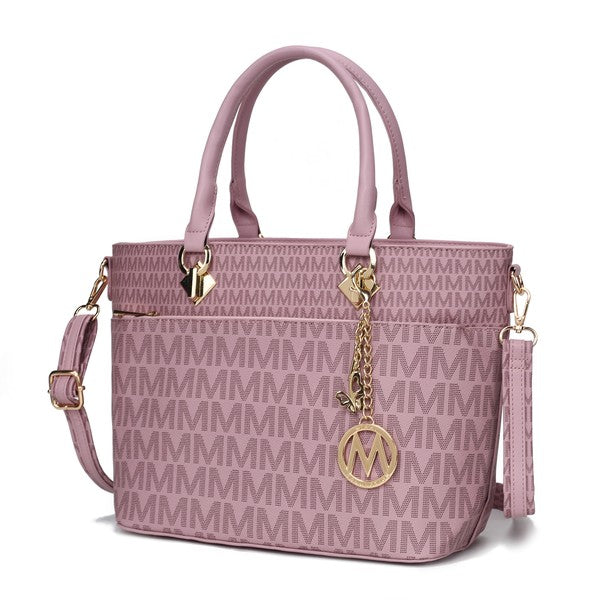 Yonah Signature tote bag in light lavender/pink with repeating monogram print and long crossbody strap