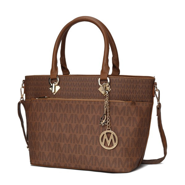 Yonah Signature tote bag in brown/tan with gold logo charm, dual handles, and crossbody strap