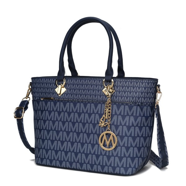 Yonah Signature tote bag in navy with repeating monogram pattern, gold logo charm, and strap