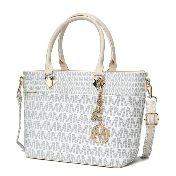 Yonah Signature printed tote bag with monogram pattern, top zip and gold hardware
