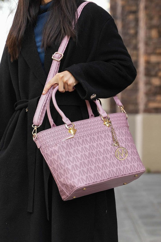 Yonah Signature tote bag in lavender/pink with gold-tone logo charm and top handles