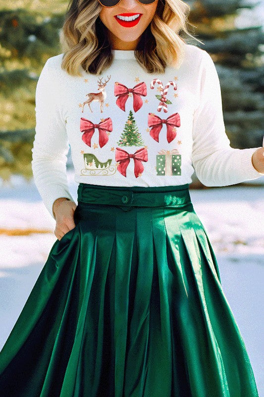 Christmas Reindeer Red Bow Long Sleeve Top