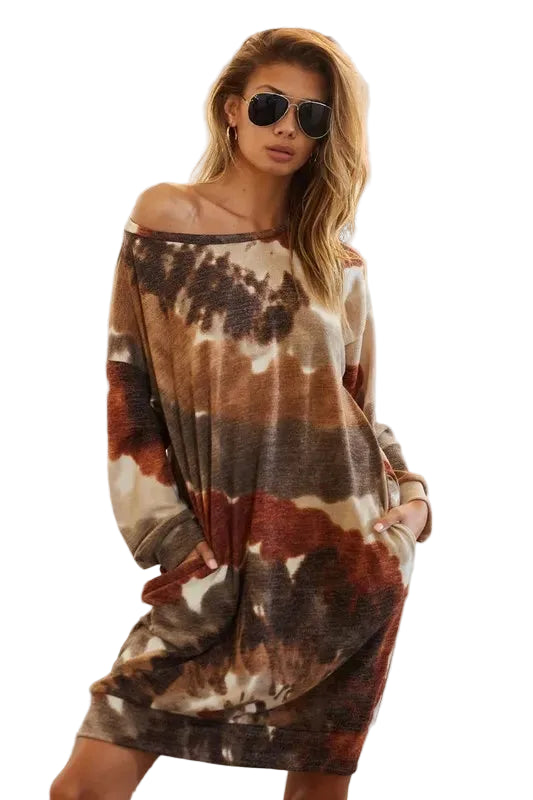 Rust/Olive Color Tie Dye Print Knit Dress with Side Pocket | Tigbuls