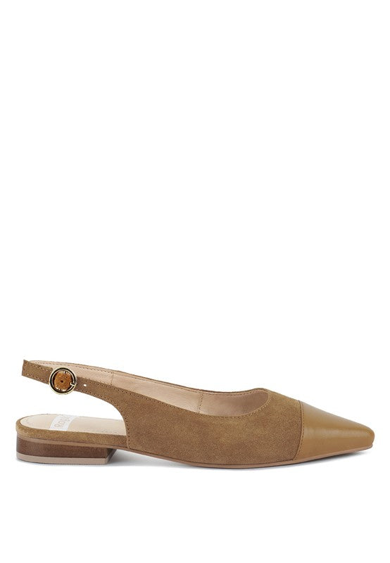 Tan leather-and-suede slingback flats with round metal buckle at ankle