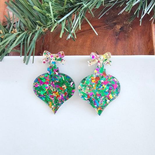 Christmas Ornament Earrings - Green Sparkle - Tigbul's Variety Fashion Shop