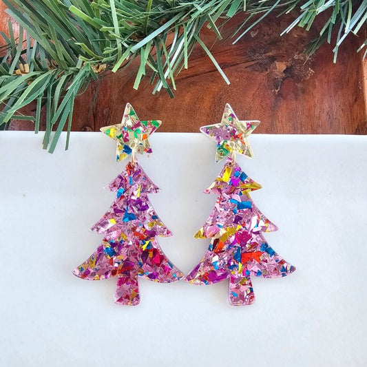 Christmas Tree Earrings - Light Pink Sparkle - Tigbul's Variety Fashion Shop