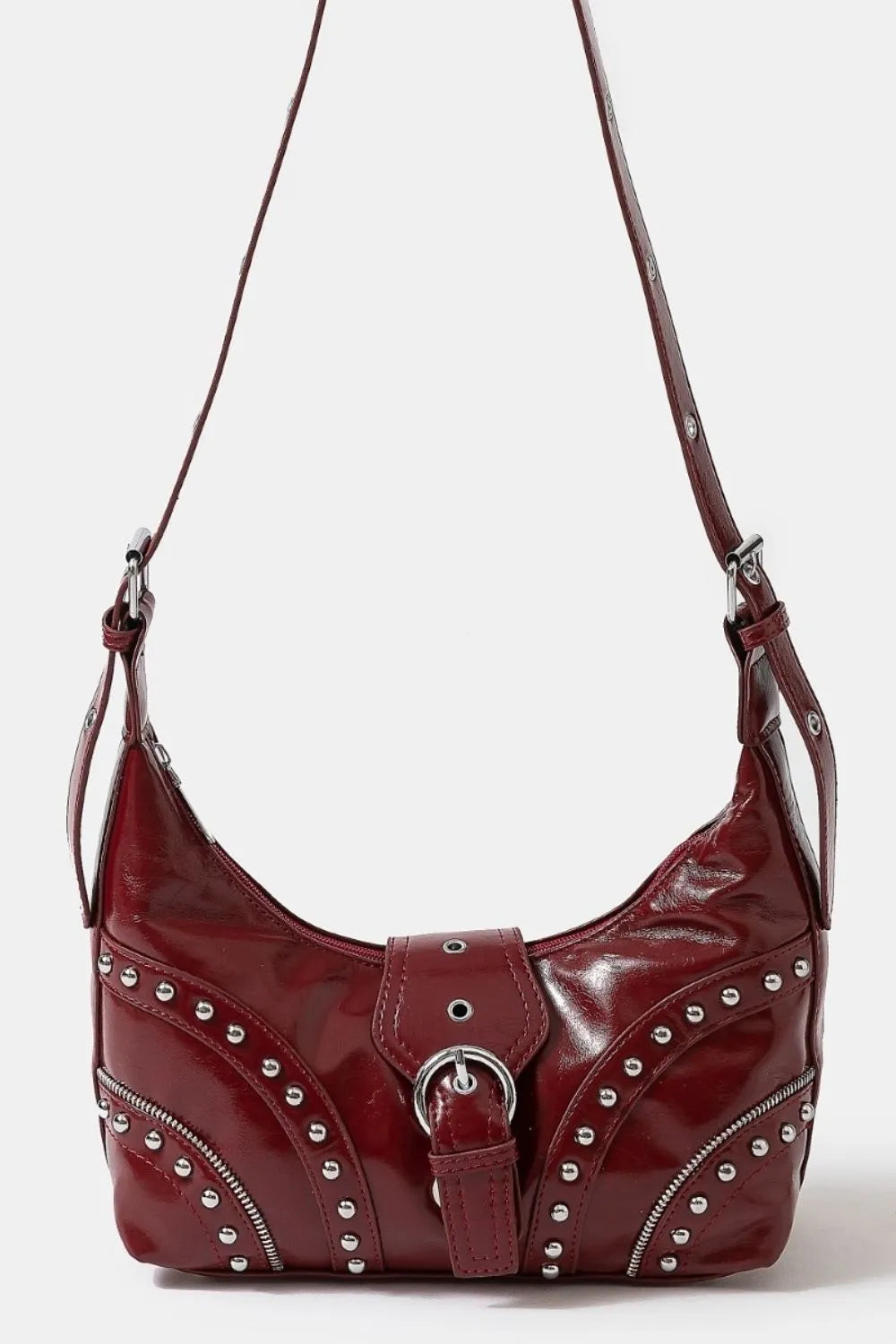 Red Faux Leather Studded Trim Shoulder Bag - Tigbul's Variety Fashion Shop