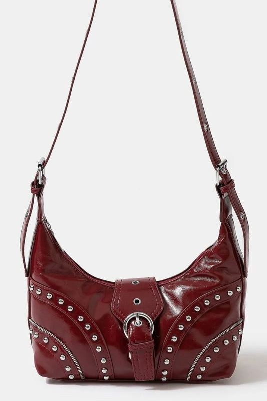 Red Faux Leather Studded Trim Shoulder Bag - Tigbul's Variety Fashion Shop
